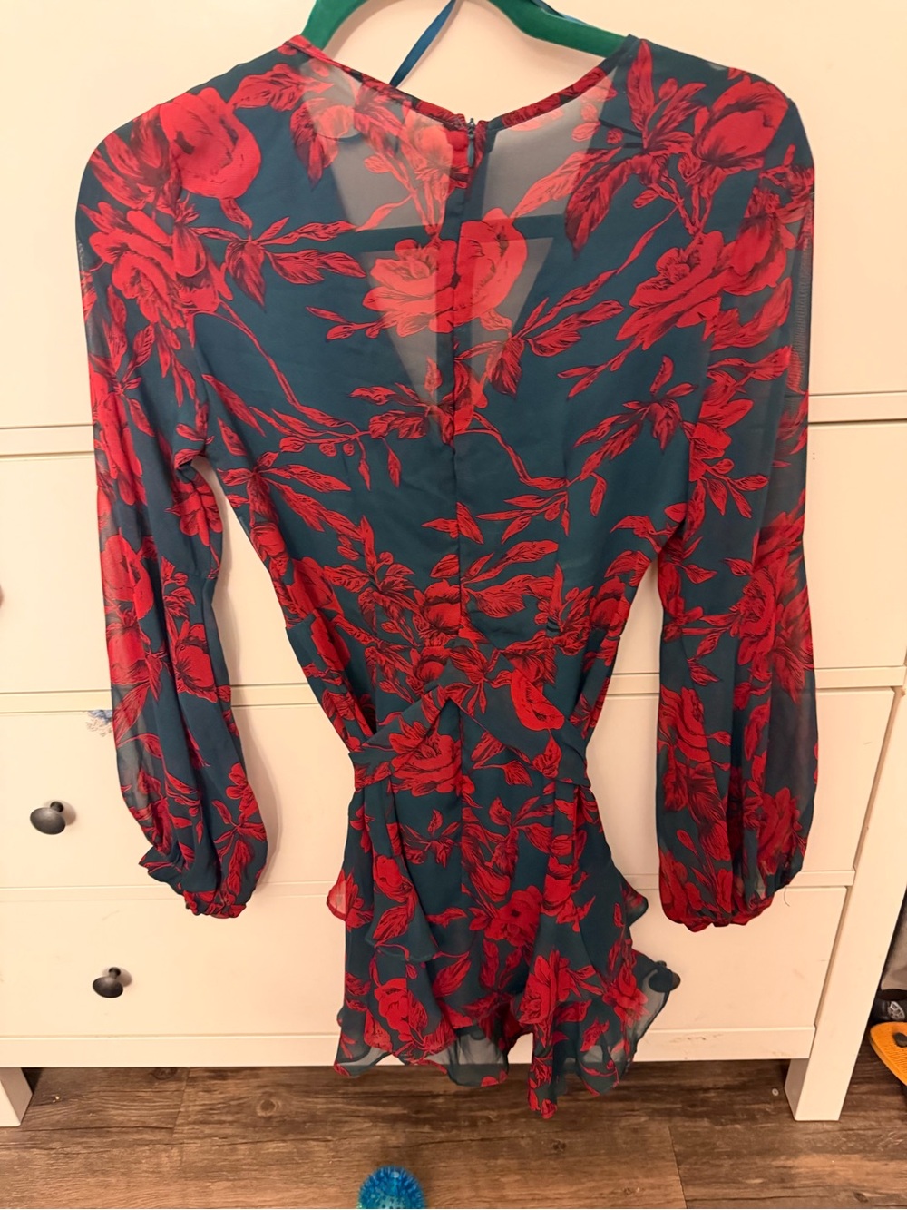 Floral Wrap Mini Dress in Red and Dark Green - Picture 4 of 5